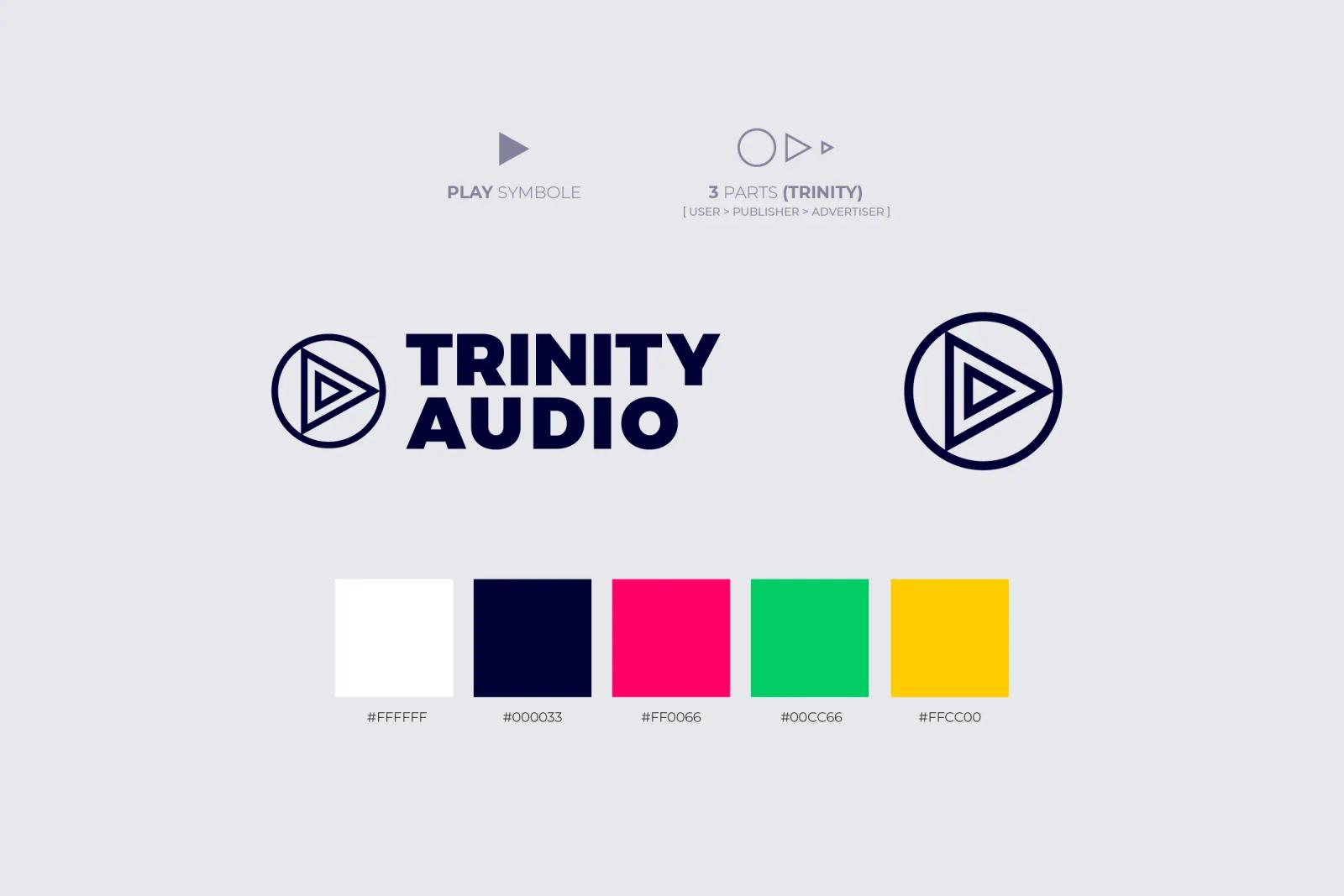 Trinity Audio logo, play-symbol mark and colour palette