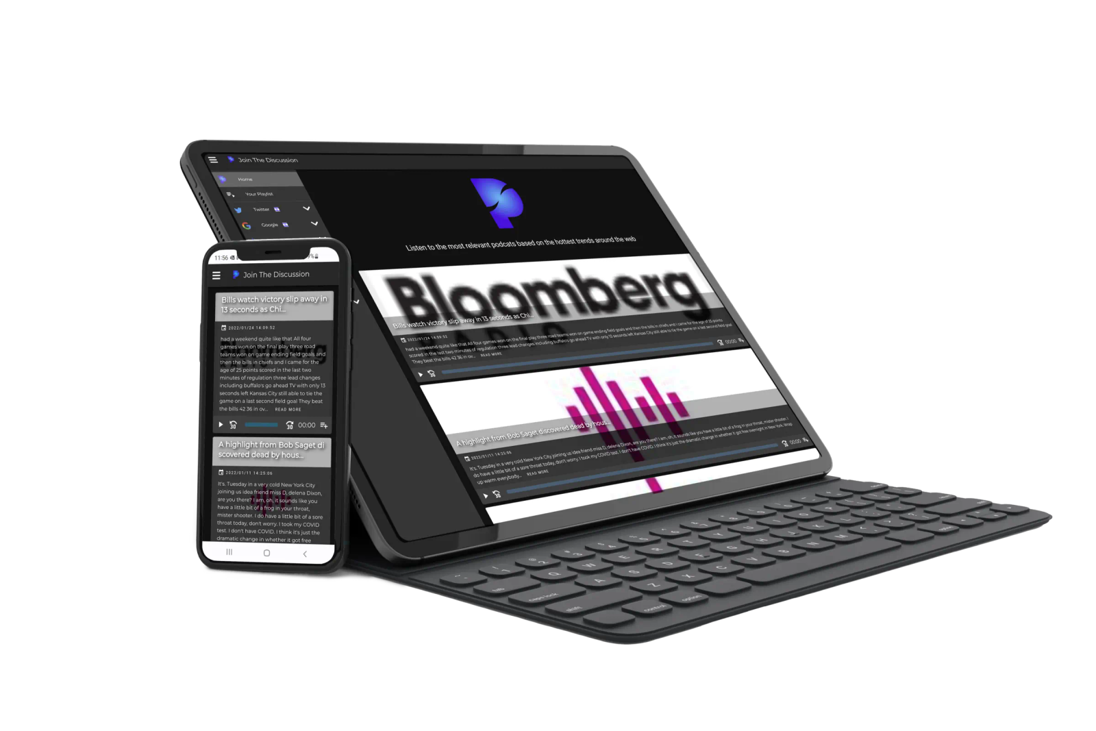 Pulsar web app on a tablet and a phone, with a Bloomberg podcast