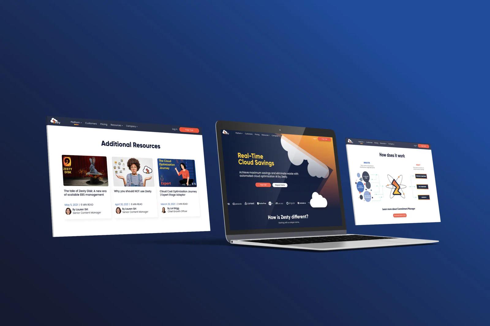 Zesty website pages floating over a blue background
