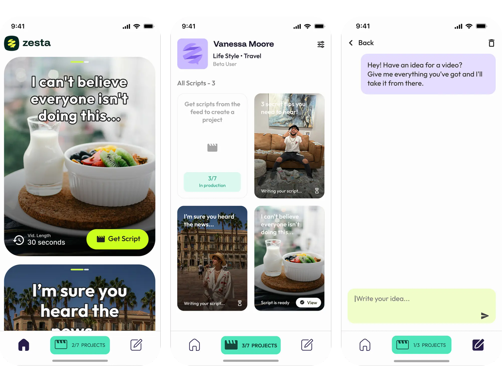 Zesta feed, projects and chat screens before and after the redesign — before