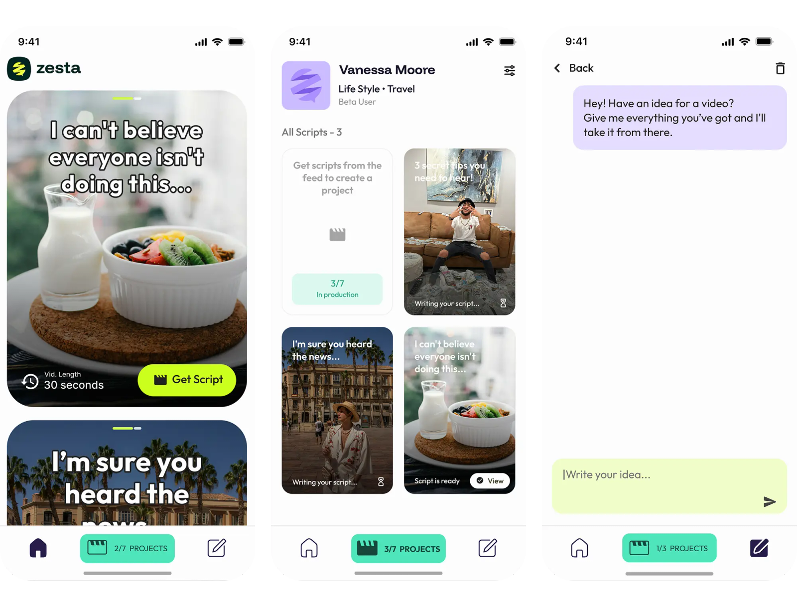 Zesta feed, projects and chat screens before and after the redesign — before