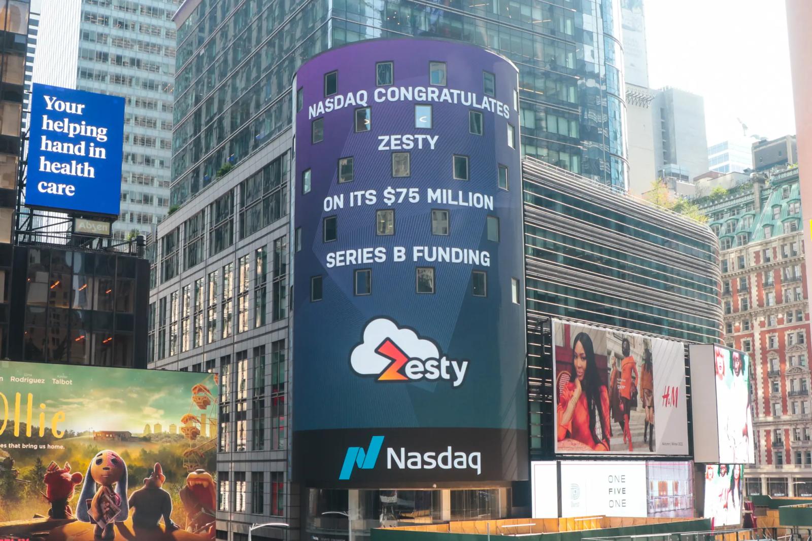 Nasdaq billboard in Times Square congratulating Zesty on its $75M Series B