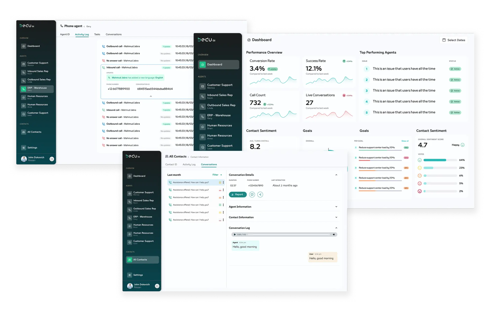 Bedu platform UI: agents, dashboard and conversations