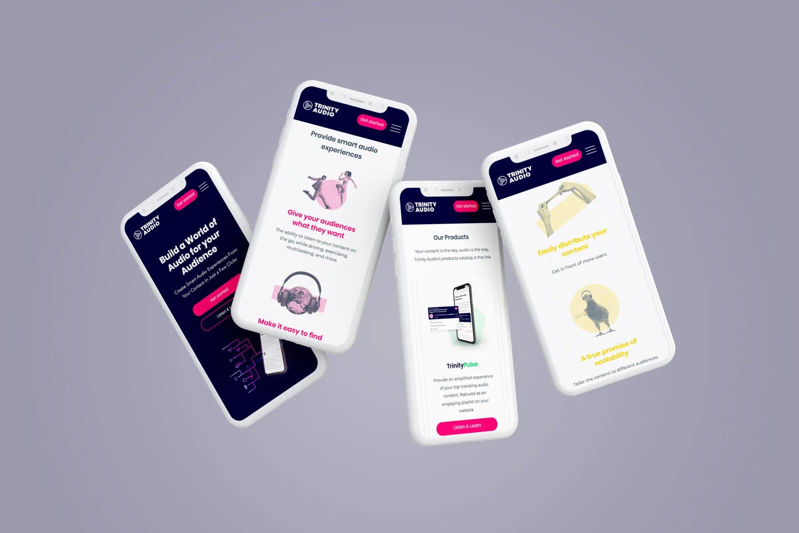 Trinity Audio mobile website screens