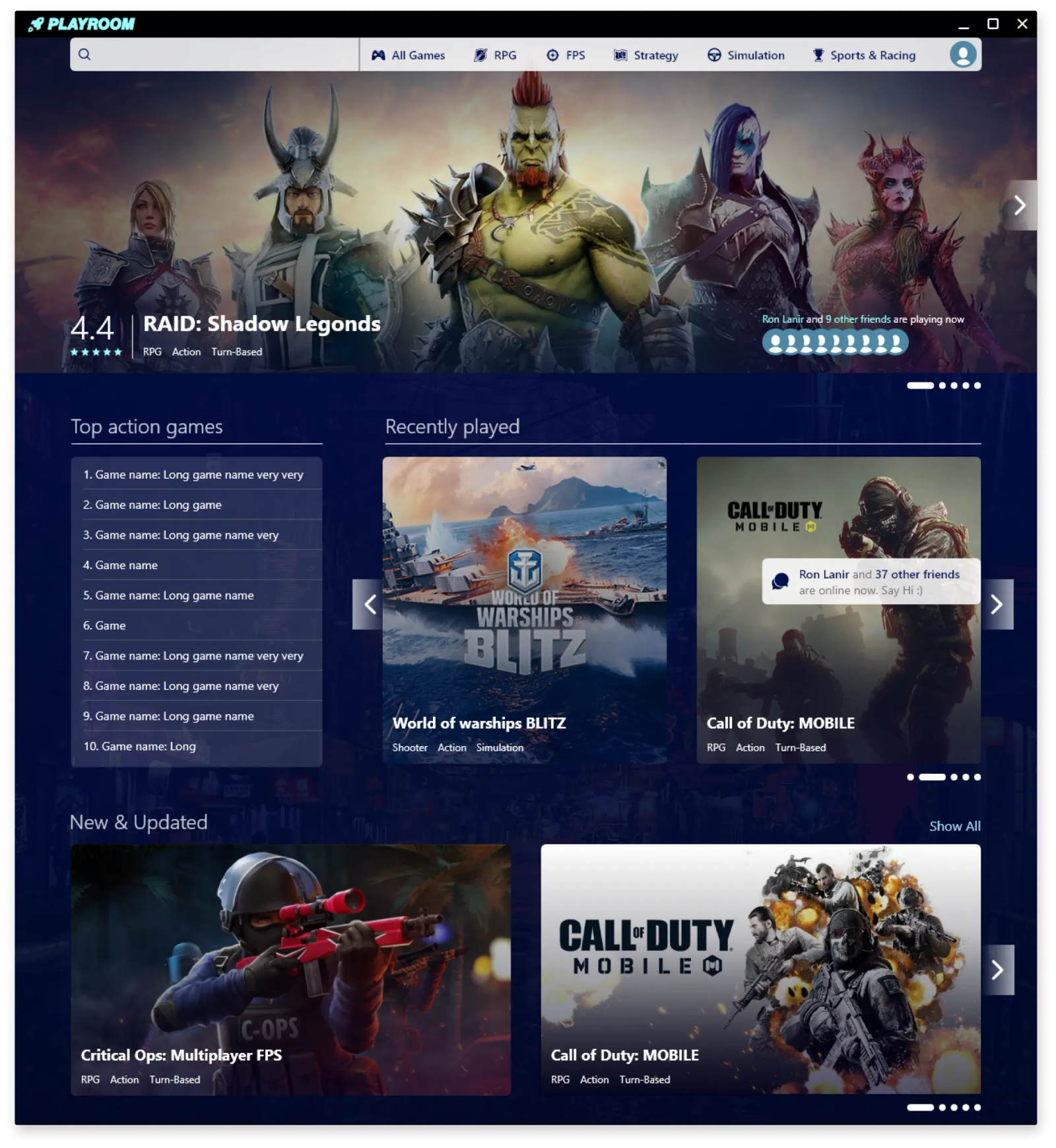 Playroom home screen with game recommendations