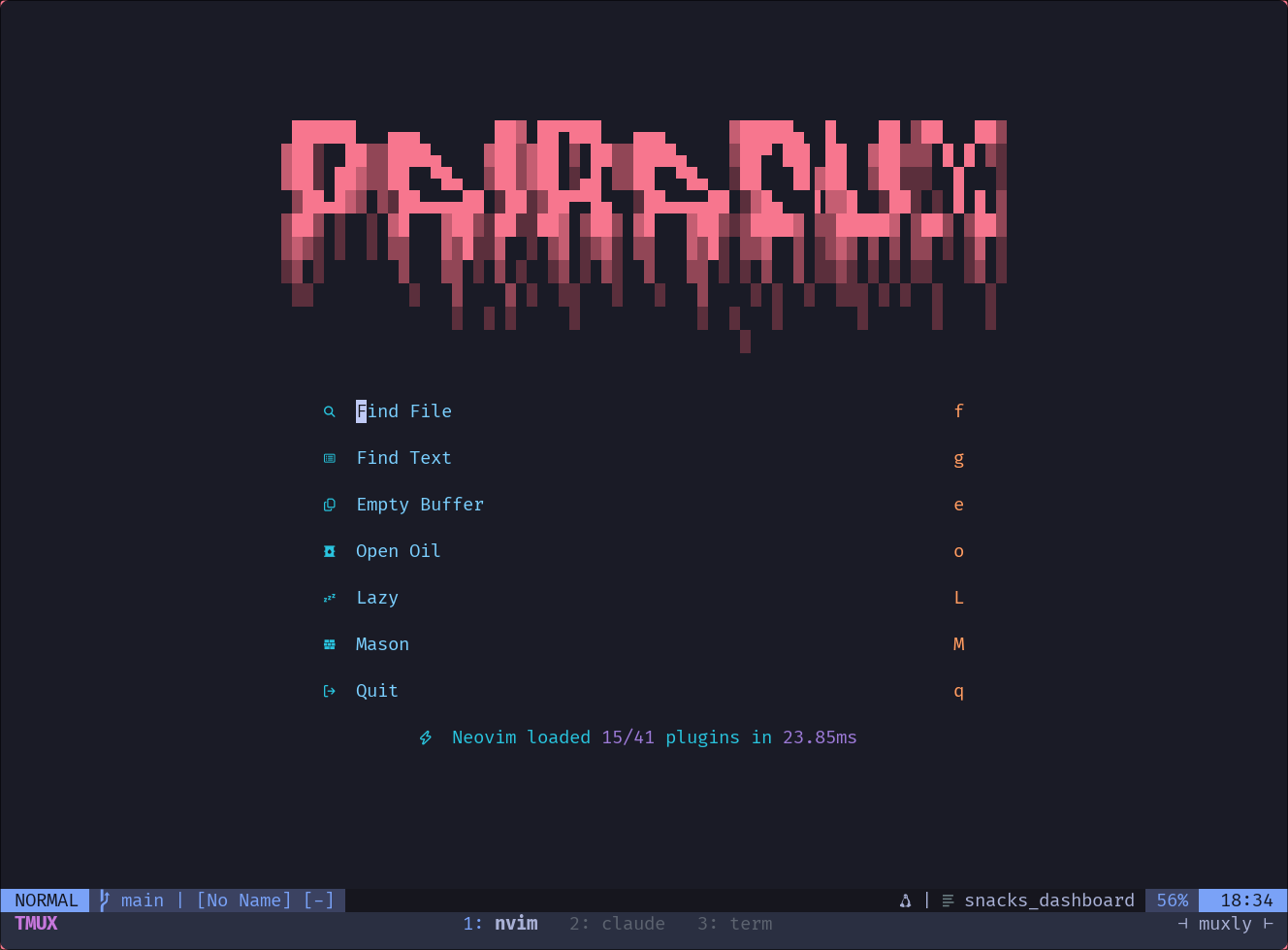 A Neovim instance launched inside of a tmux instance with a Tokyo Night colorscheme and a dashboard open with the text "Pairadux" in "bloody" font and several quick hotkeys listed below.