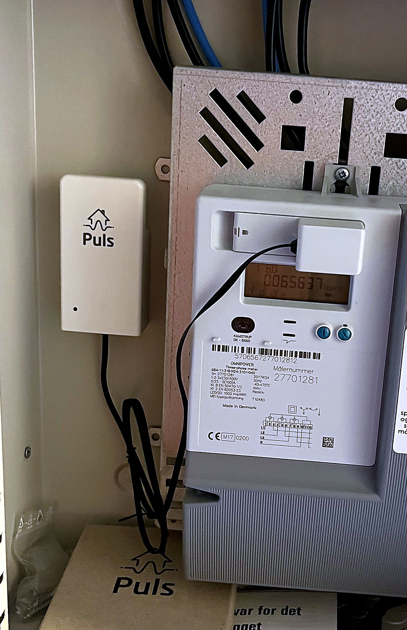 Kamstrup-sikringsskap med Puls sanntidsmåler koblet til.