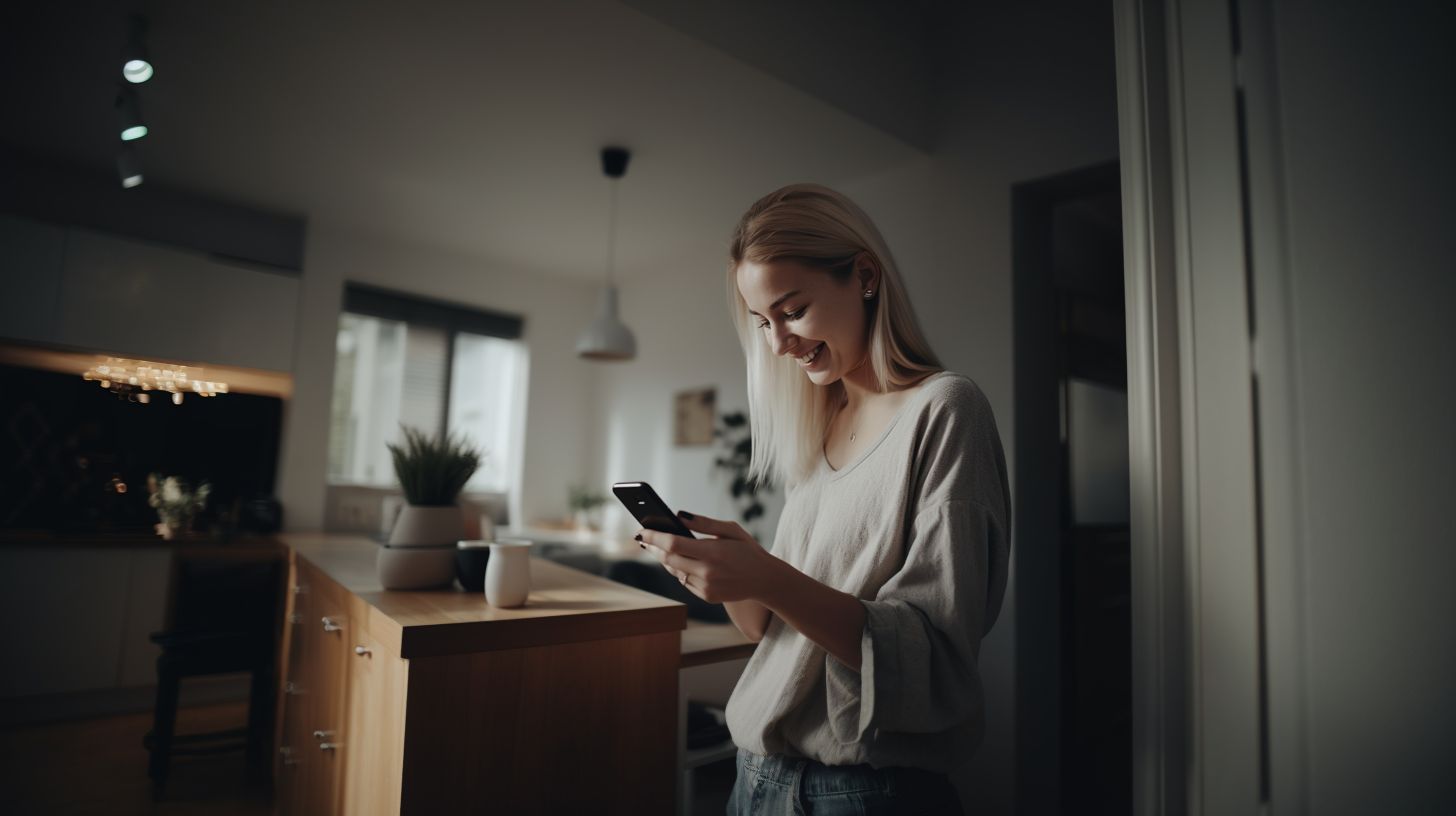En dame står ved kjøkkenet og smiler ned i mobilen sin. Hun er strømkunde hos Ishavskraft som sjekker appen på mobilen sin. Der får hun full oversikt over blant annet strømstøtten.