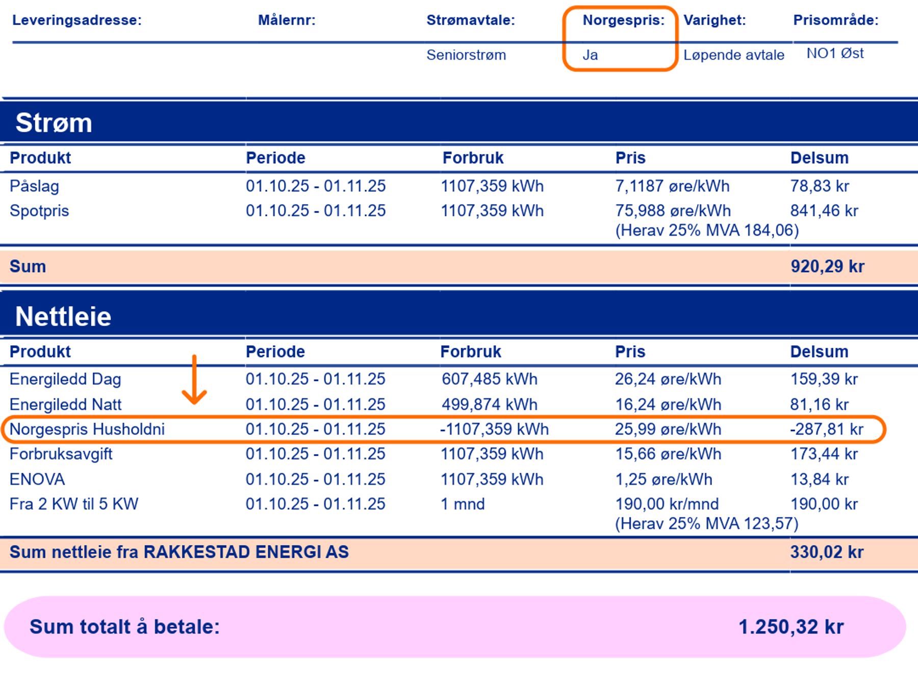 Strømregning fra Ishavskraft som viser norgespris og gjennomfakturering 