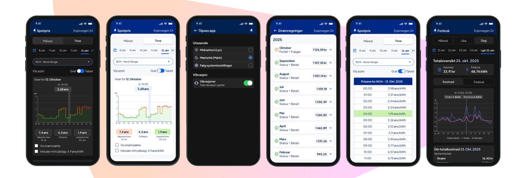 Slik ser det ut i appen til Ishavskraft. Her får du oversikt over spotpris, strømavtaler og strømregninger. 