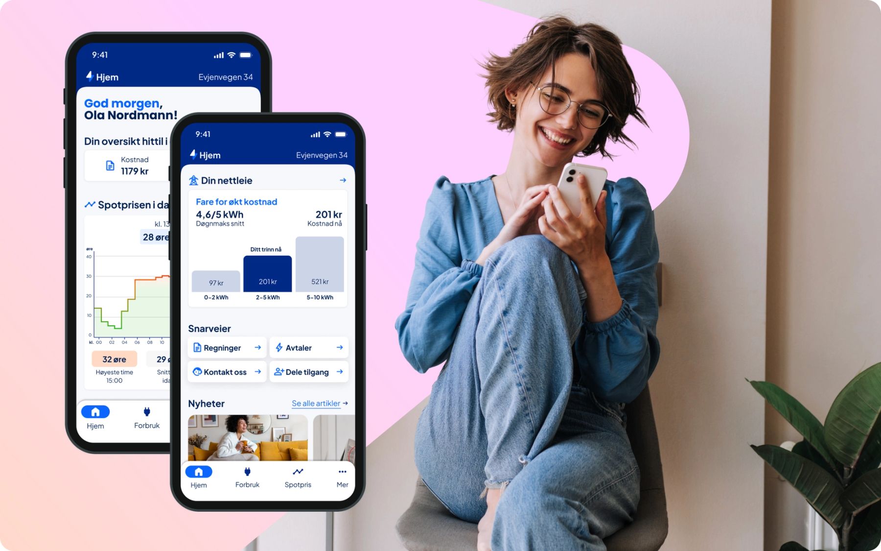 Mobilskjermer som viser strømpriser og forbruk i Ishavskraft-appen.
