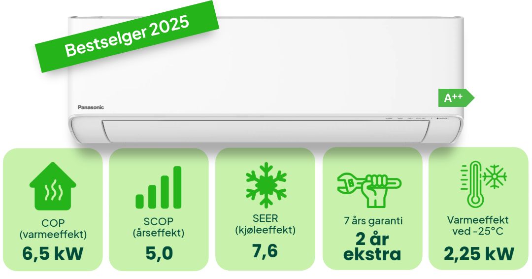 Panasonic Flagship 7.5 varmepumpe i sort design – optimal for nordiske forhold og kalde vintre, med høy ytelse i ekstreme temperaturer.