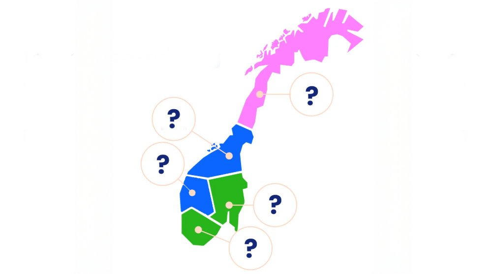 Norgeskart delt inn i fargekoder for strømprisområder NO1 til NO5, med spørsmålstegn som antyder hvilke områder Norgespris lønner seg i