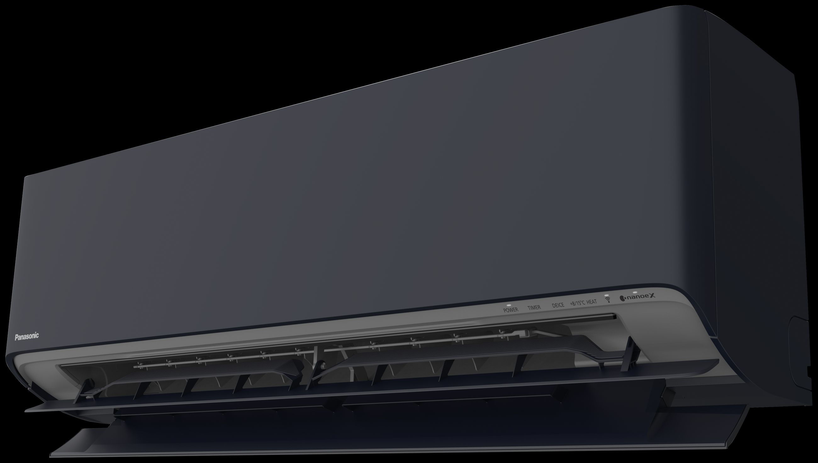 Produktbilde av en sort Panasonic Flagship varmepumpe, sett fra siden med åpen front – Ishavskraft