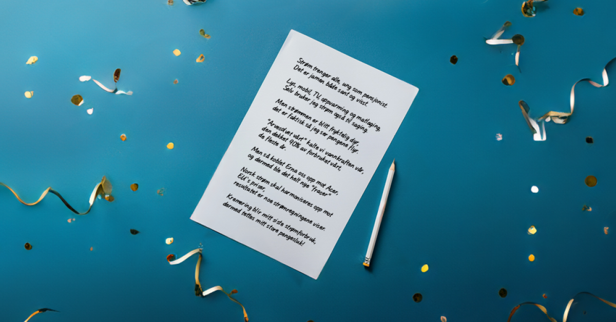 Ark med dikt som ligger på bord sammen med blyant og confetti