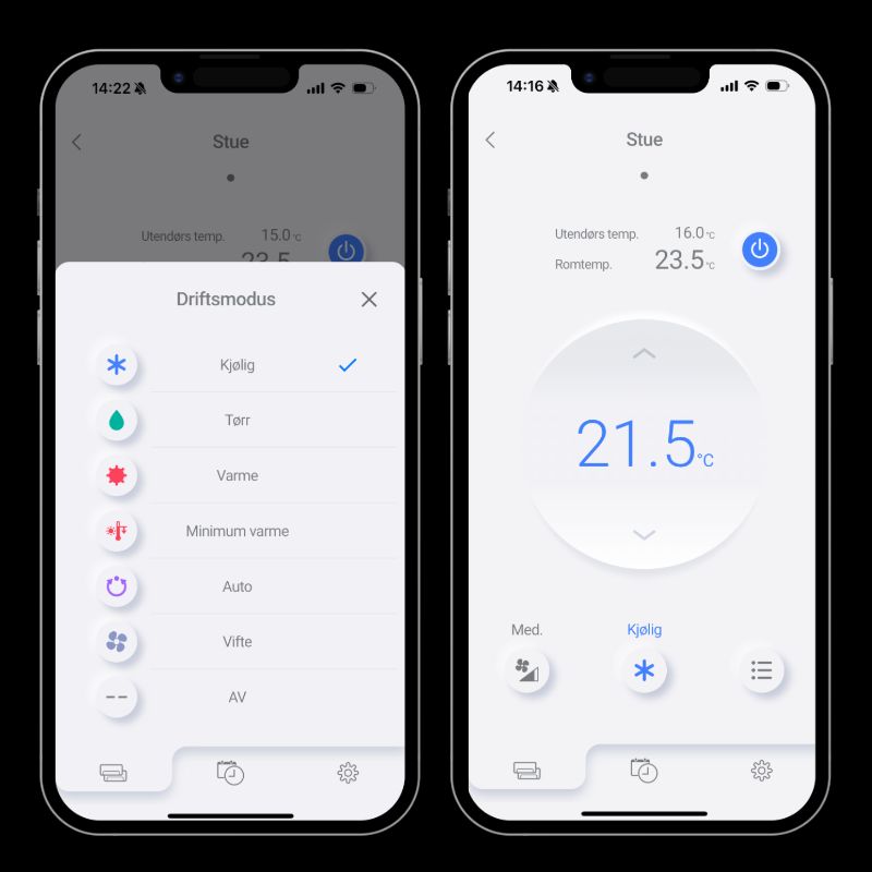 Viser du skjermbilder av appen som styrer Fujitsu varmepumpen. Her er det valgt kjøremodus og 21,5 grader i stua.