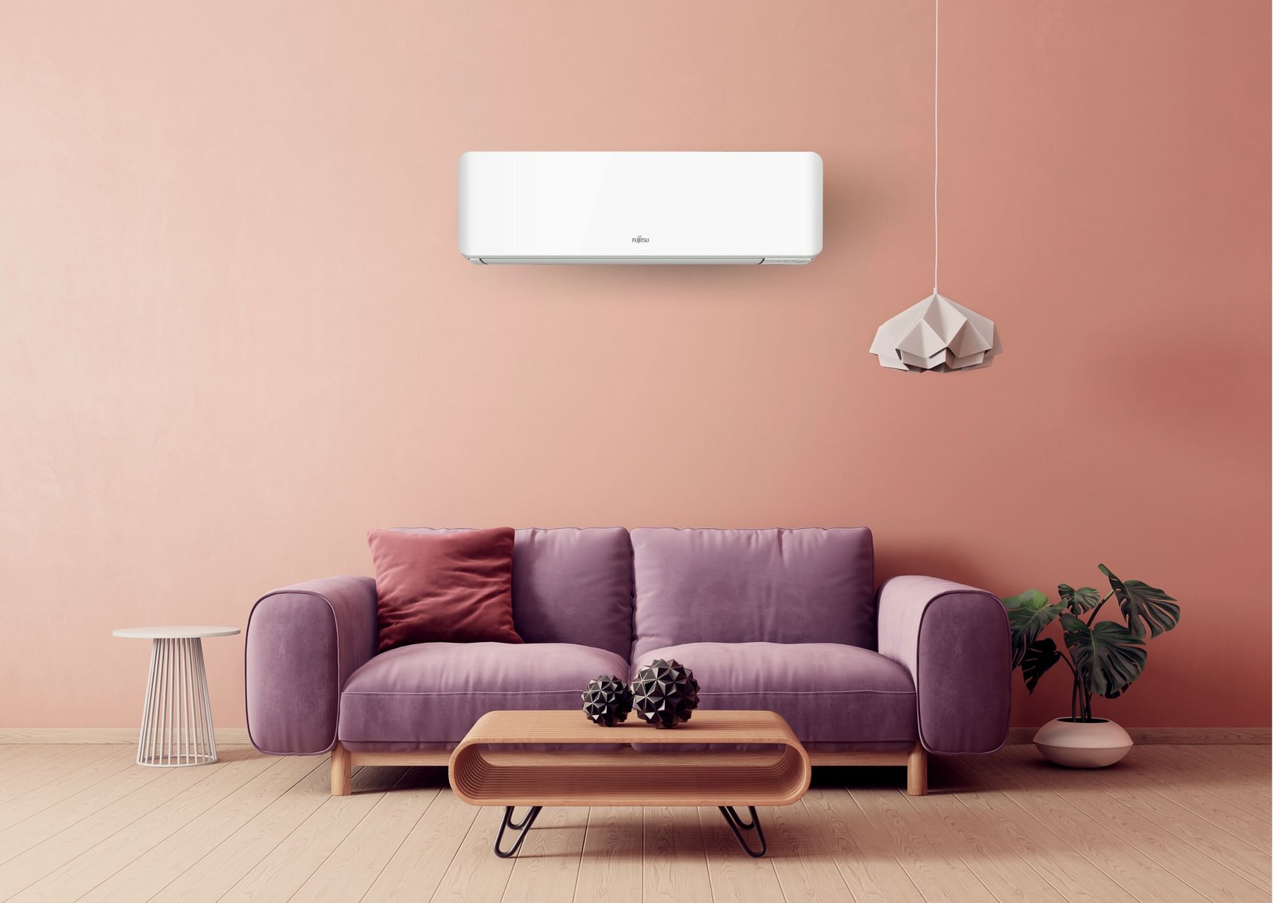 Varm og koselig stue i nordisk stil med Fujitsu varmepumpe på veggen.