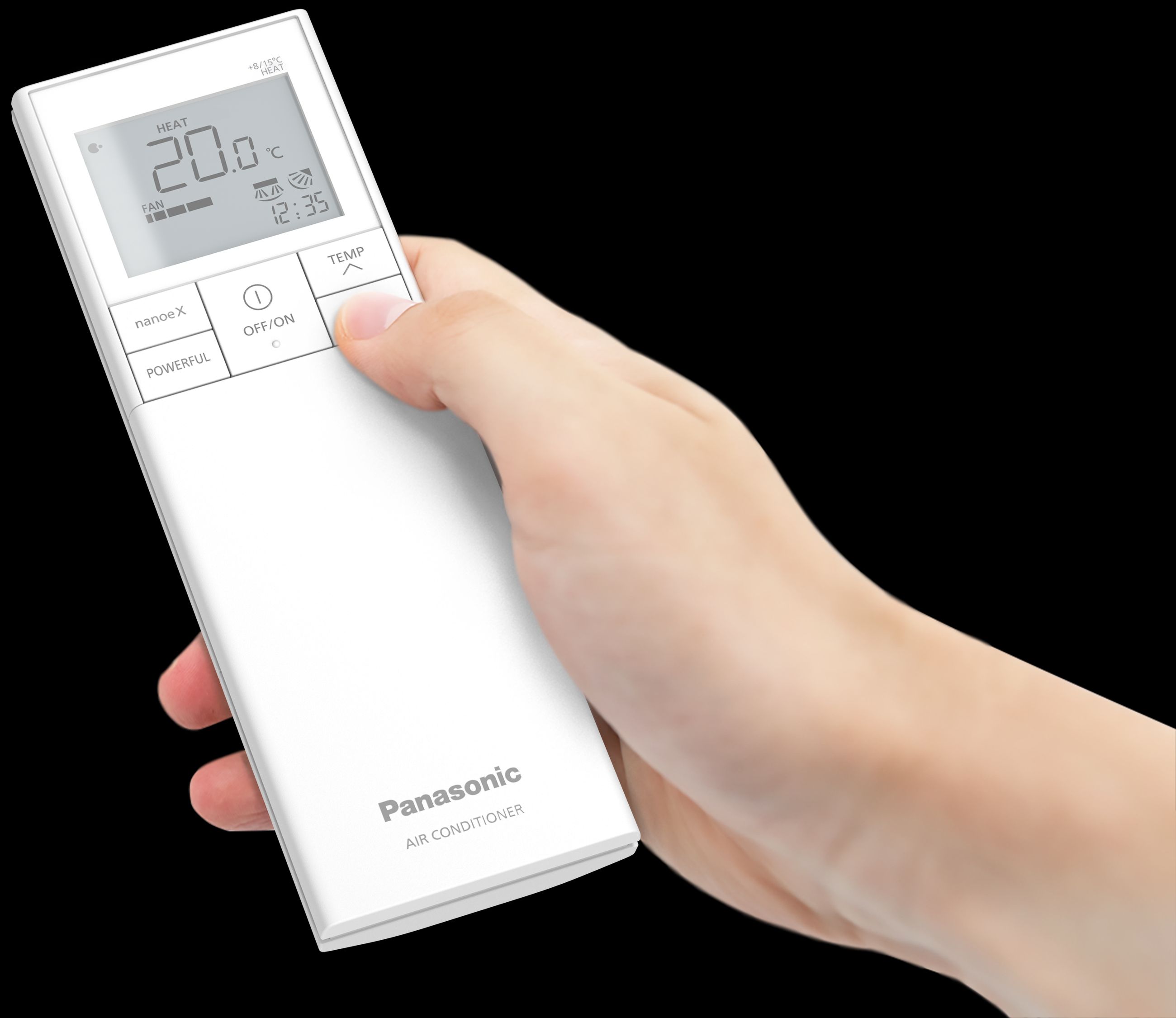 Produktbilde av fjernkontrollen til en Panasonic Flagship varmepumpe, fra Ishavskraft