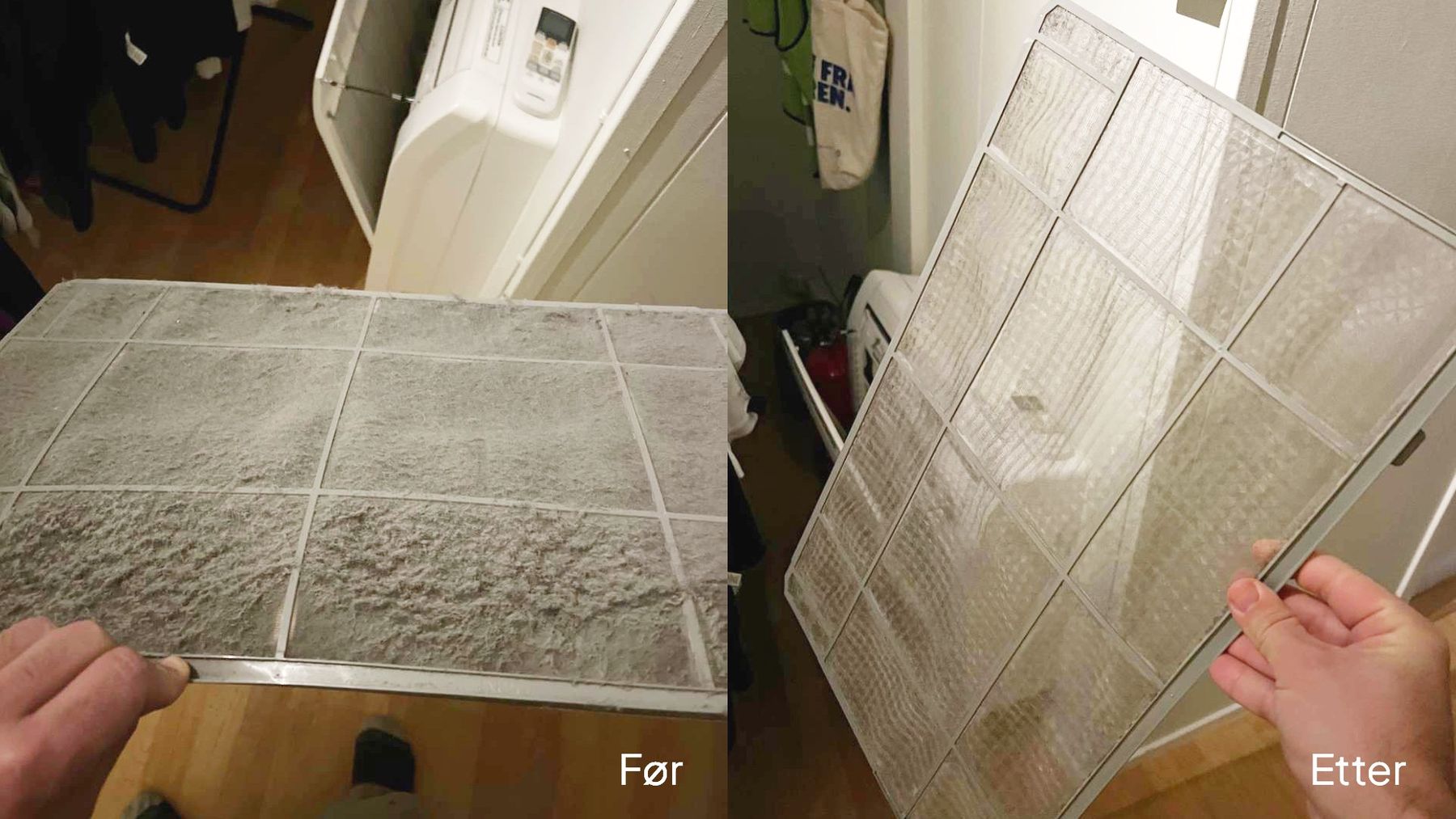 Slik så filteret til varmepumpa ut før og etter rengjøring. Fylt med støv og så helt rent.