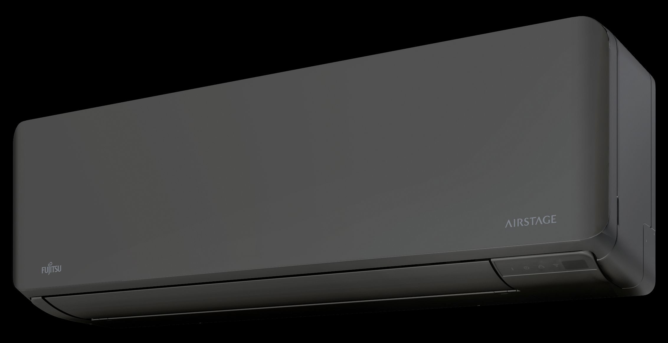 Produktbilde som viser en sort Fujitsu Norgespumpa varmepumpe, vist fra siden med et moderne design inspirert av ishavskraft