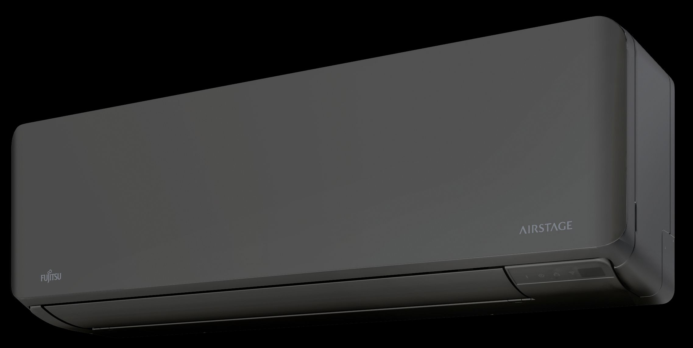 Produktbilde som viser en sort Fujitsu Norgespumpa varmepumpe, vist fra siden