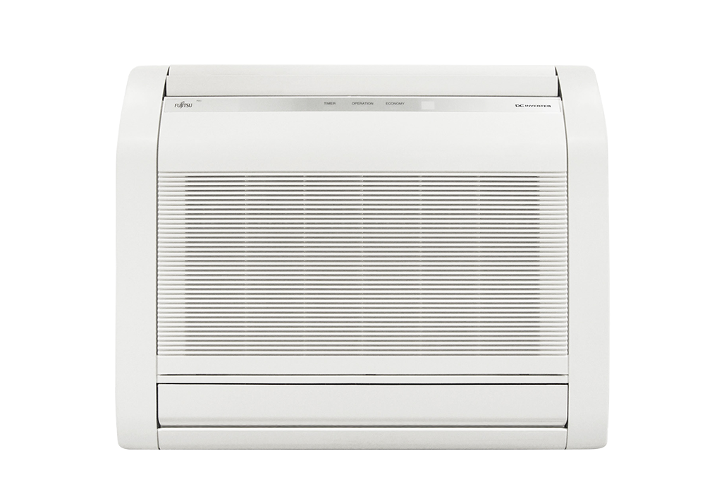 Produktbilde av en Fujitsu Norgespumpa varmepumpe i gulvmodell, sett forfra fra Ishavskraft