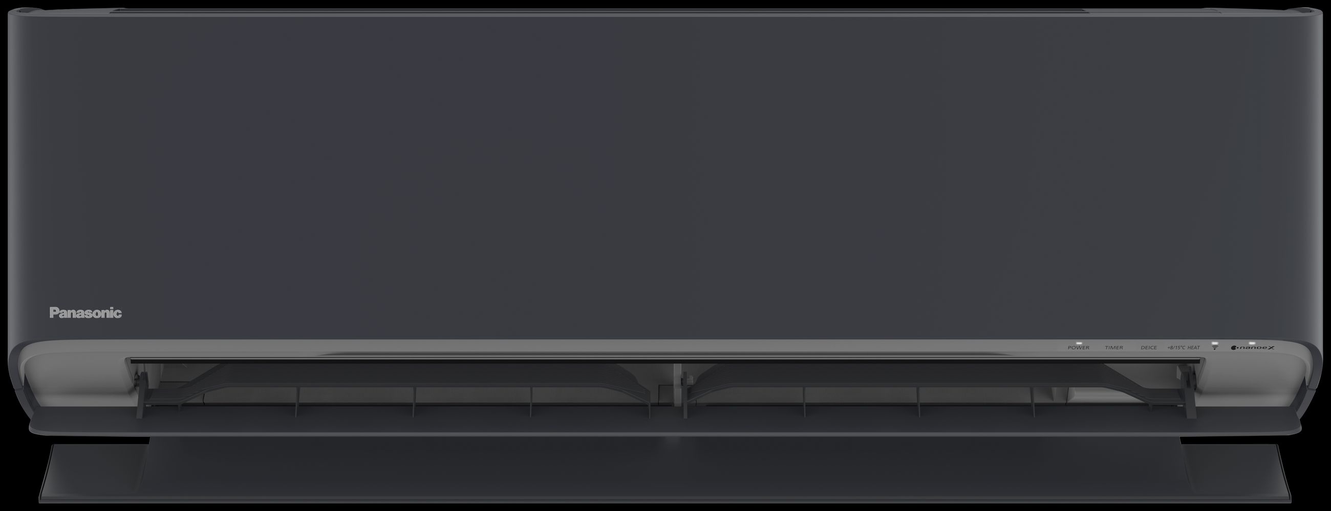 Produktbilde av en sort Panasonic Flagship varmepumpe, sett forfra med åpen front – Ishavskraft