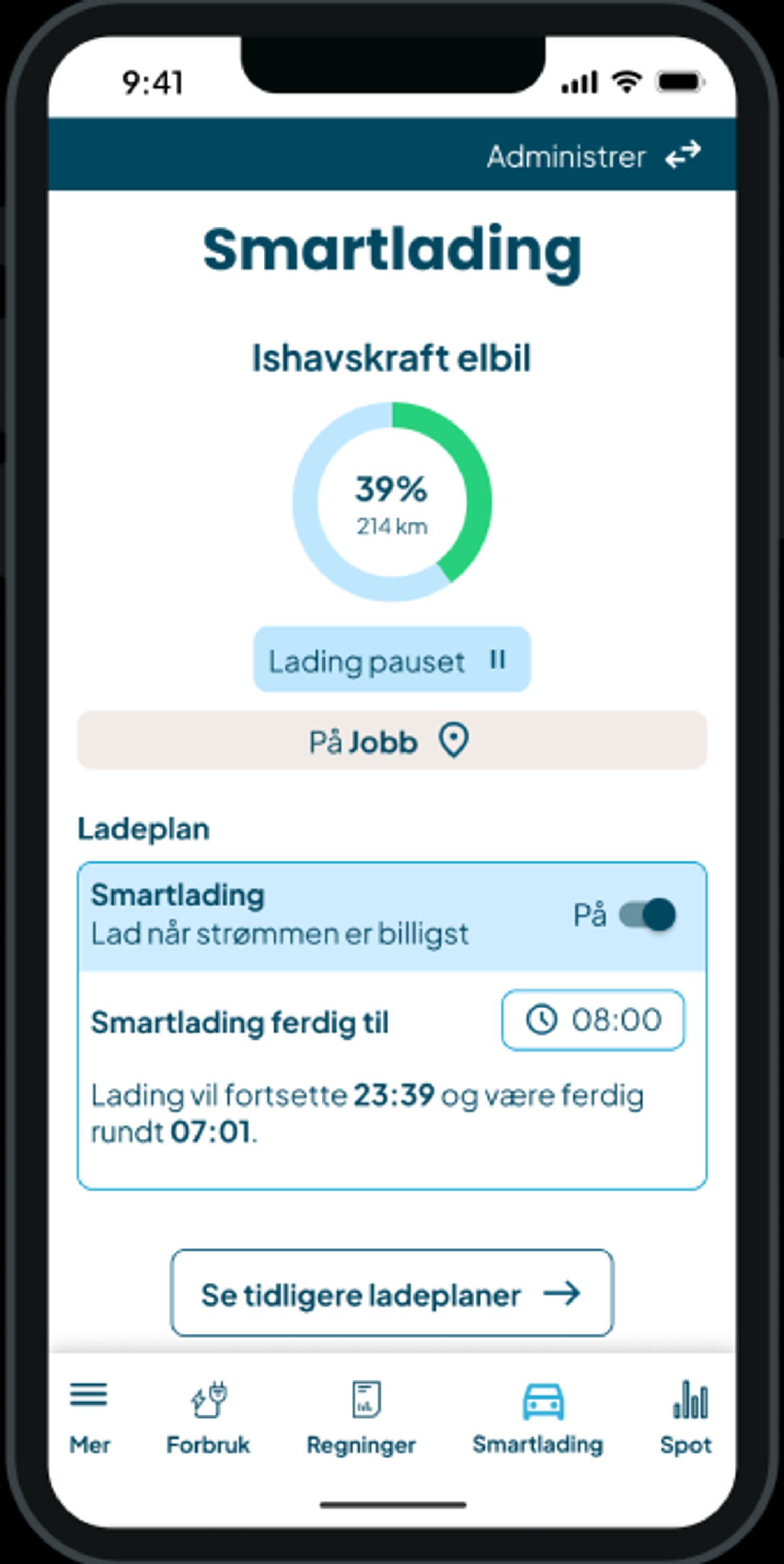 Skjermbilder av smartlading i Ishavskrafts app.
