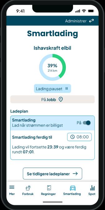 Skjermbilder av smartlading i Ishavskrafts app.
