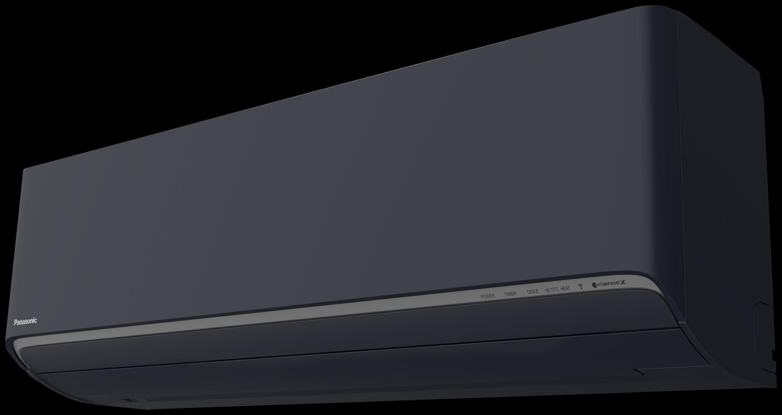 Produktbilde av en sort Panasonic Flagship varmepumpe, vist fra siden – Ishavskraft