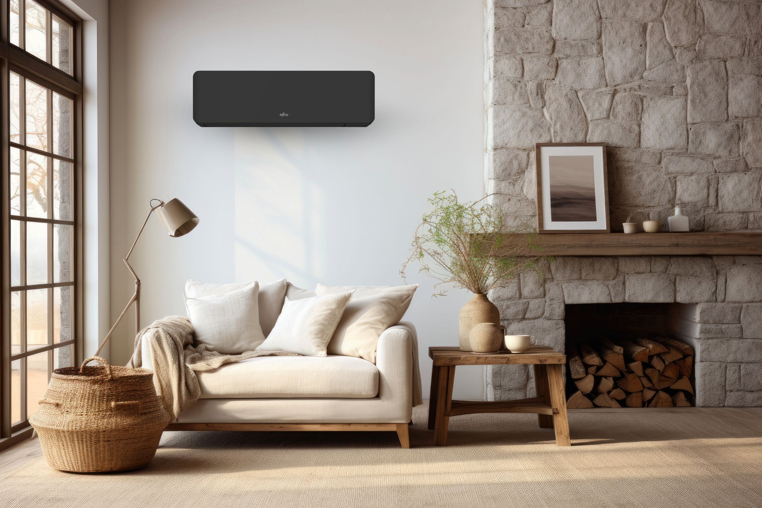 Miljøbilde av en nordisk stue med peis og sofa, der en sort Fujitsu Norgespumpa varmepumpe er veggmontert og preger det moderne interiørdesignet – fra Ishavskraft
