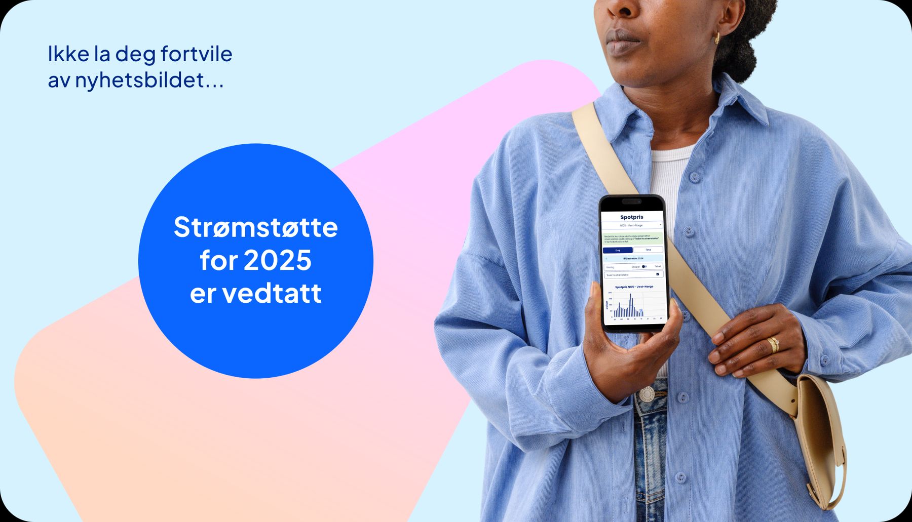 Strømstøtte vedtatt. Kvinne holder mobil med Ishavskraft-appen som viser strømprisen med strømstøtte.
