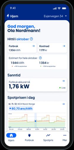 Viser startskjermen av Ishavskraft-appen med et avsnitt som viser Sanntid - Forbruk akkurat nå.