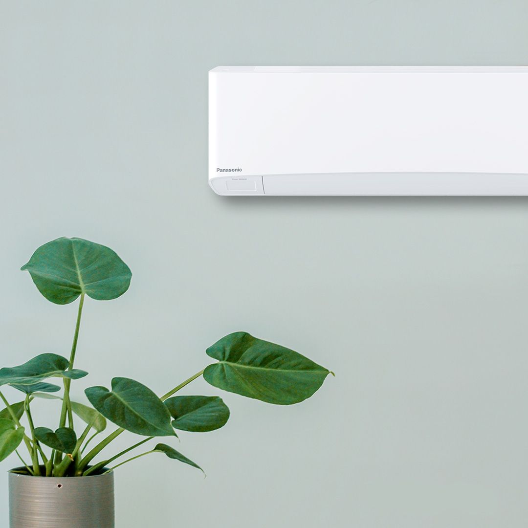 en hvit Panasonic Eco 6.5 luft-til-luft varmepumpe med moderne linjer, montert på en mintgrønn vegg med en harmonisk monstera-plante i forgrunnen