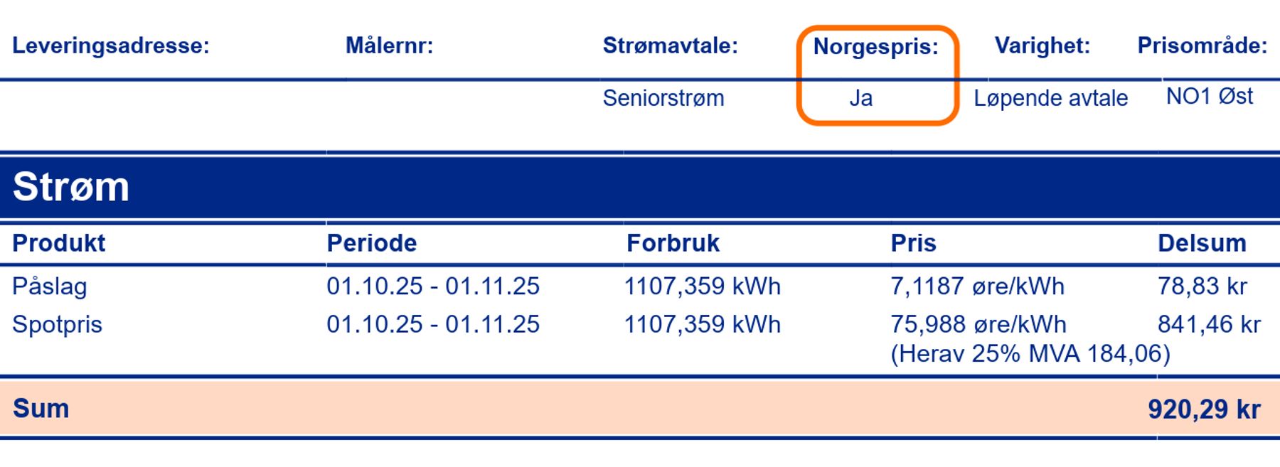 Strømregning fra Ishavskraft som viser norgespris