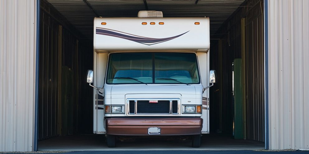 RV camper in covered storage