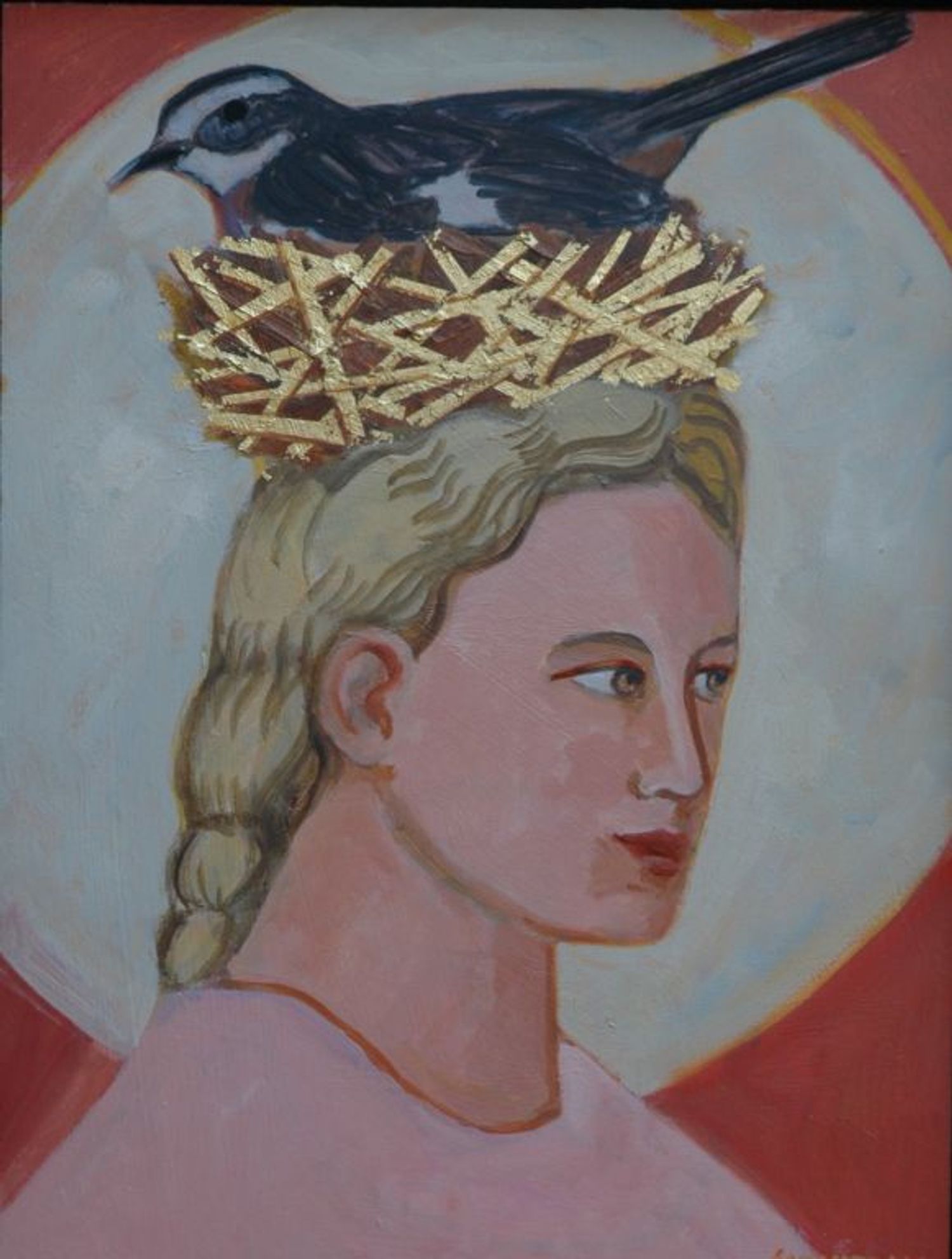 Woman with bird's nest on head