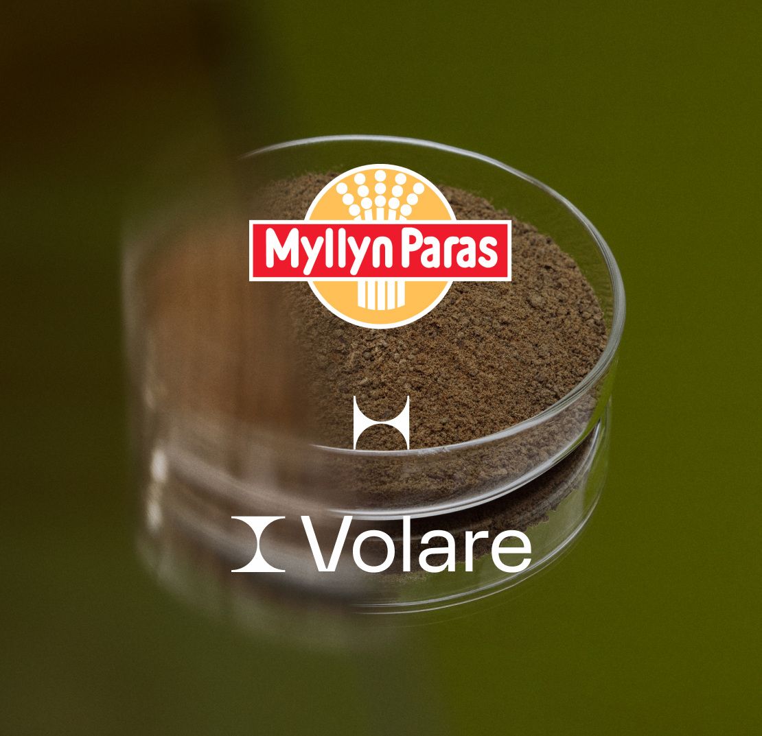 Volare insect protein powder in a petri dish with Myllyn Paras and Volare logos