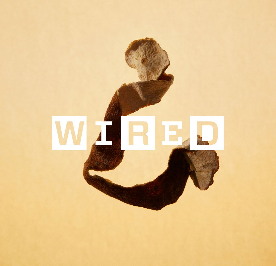 A dry mandarin peel on a yellow background with Wired-logo on top