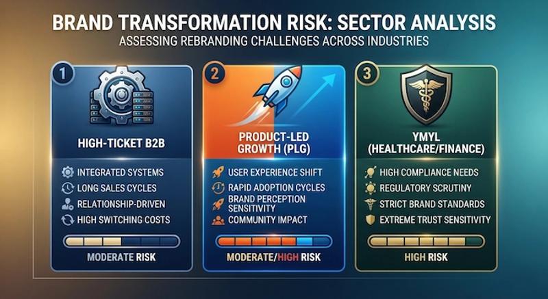 An infographic risk matrix chart displaying the SEO and GEO risk levels of rebranding for high-ticket B2B, PLG, and YMYL sectors.