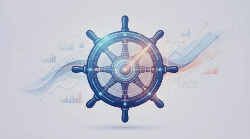 A visual metaphor showing a glowing ship wheel and a digital navigation map, illustrating the collaboration between executive leadership and technical growth teams during a rename.