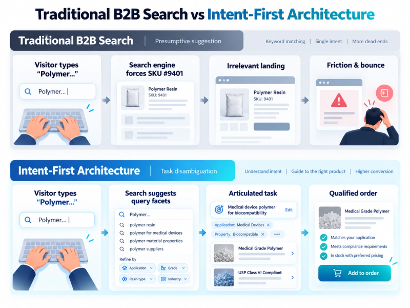 Flowchart comparing traditional B2B product search, which can lead to irrelevant results, with intent-first search that helps visitors refine queries and find suitable products.