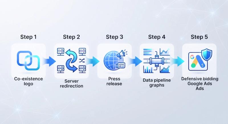 A step-by-step technological workflow chart demonstrating the 5 phases of a successful rebranding SEO and data migration pipeline.