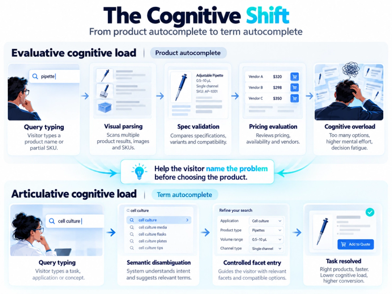 Diagram comparing the cognitive demands of product autocomplete with term autocomplete, showing how search suggestions and filters can simplify B2B product discovery.