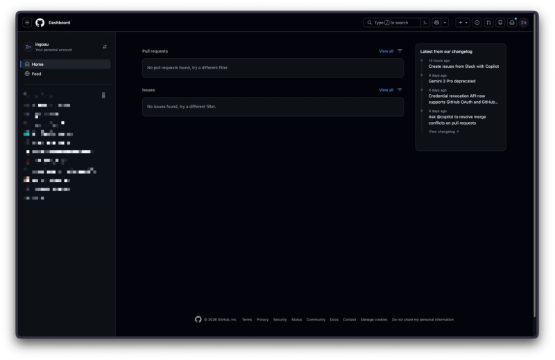 GitHub homepage with pull requests and issues section empty