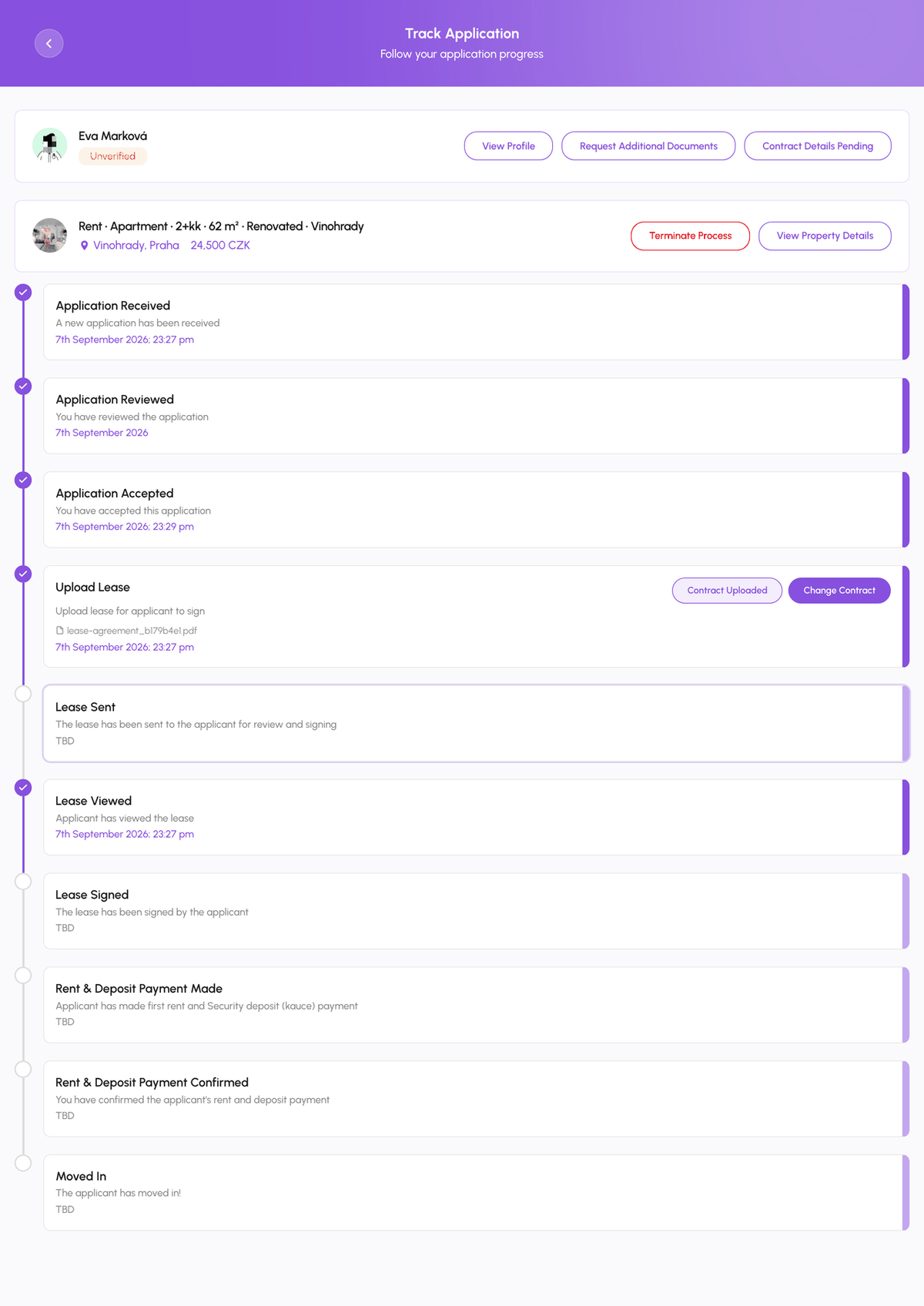 Host Track Application page after accepting an applicant