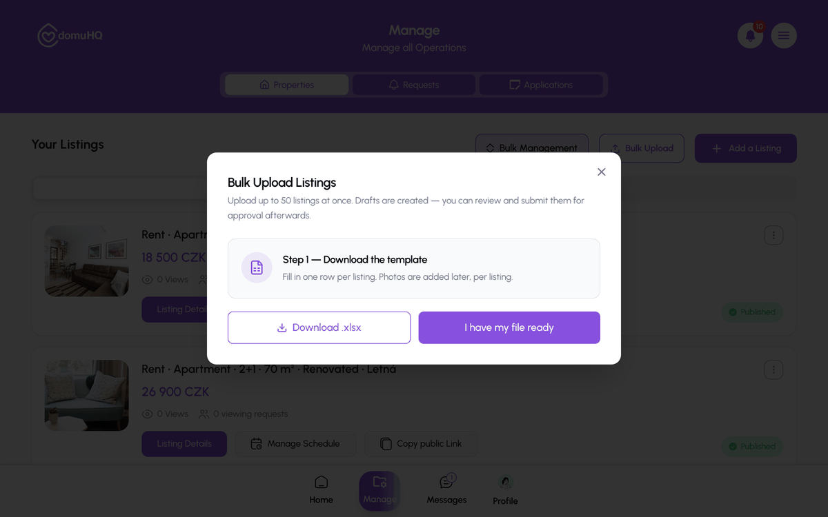 Bulk Upload Listings dialog, step 1