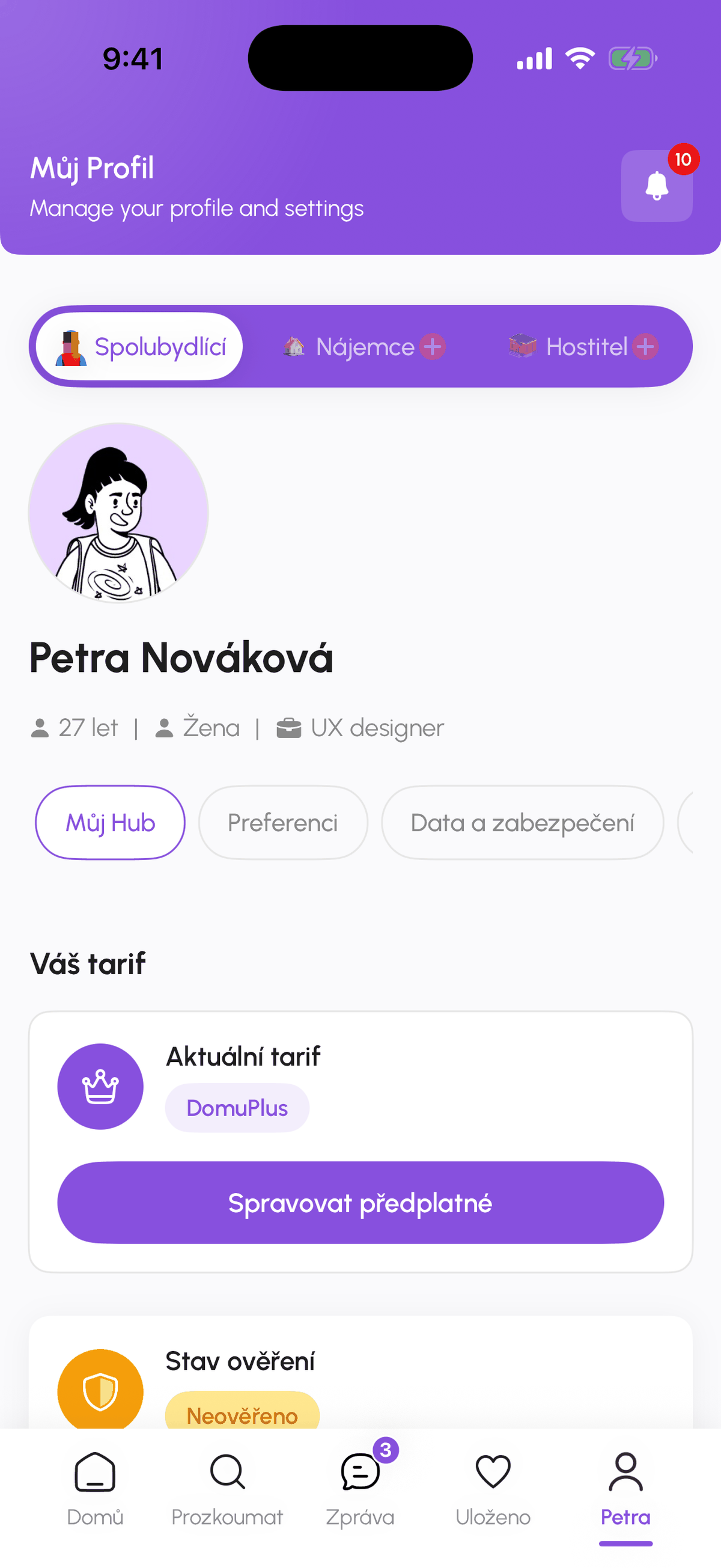 Můj profil se záložkou Můj Hub