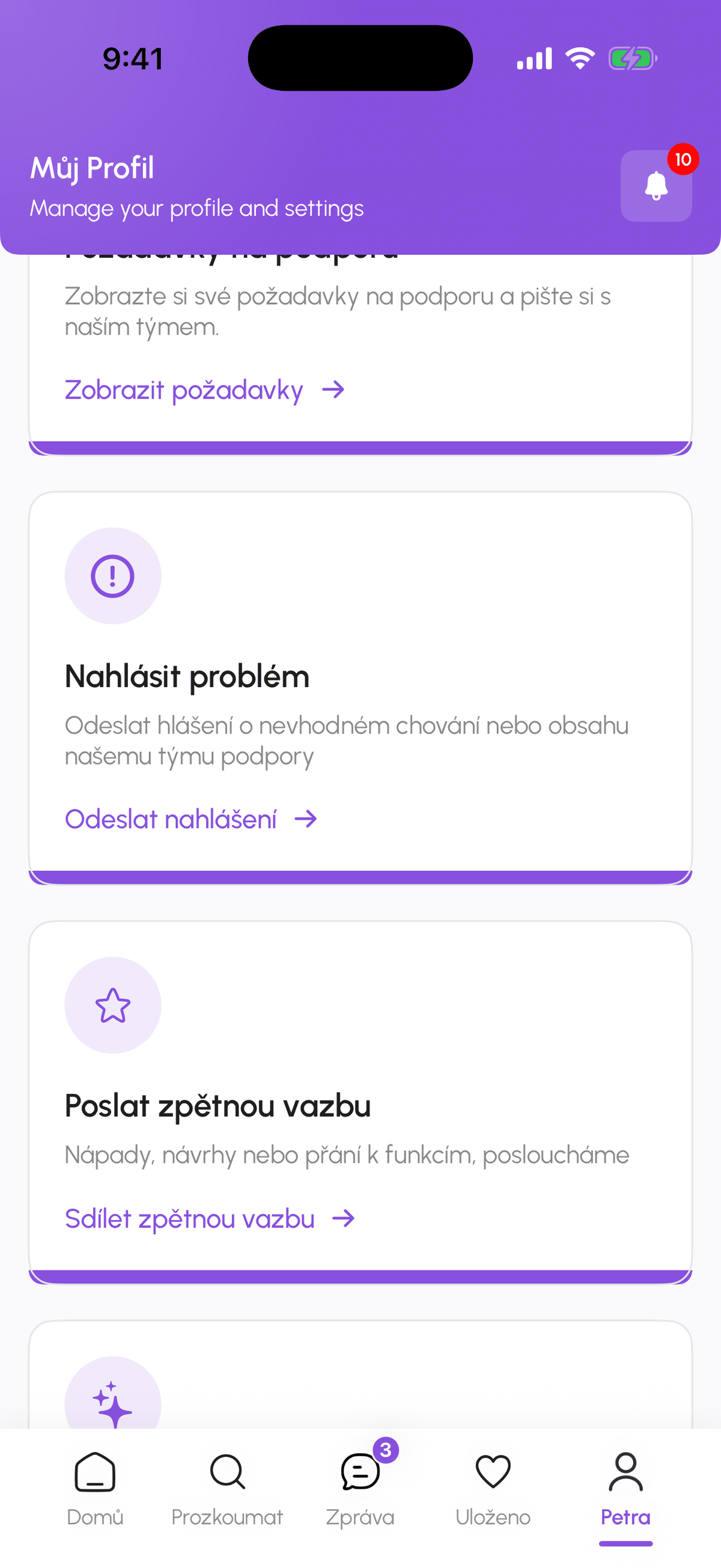 Záložka Nápověda a podpora