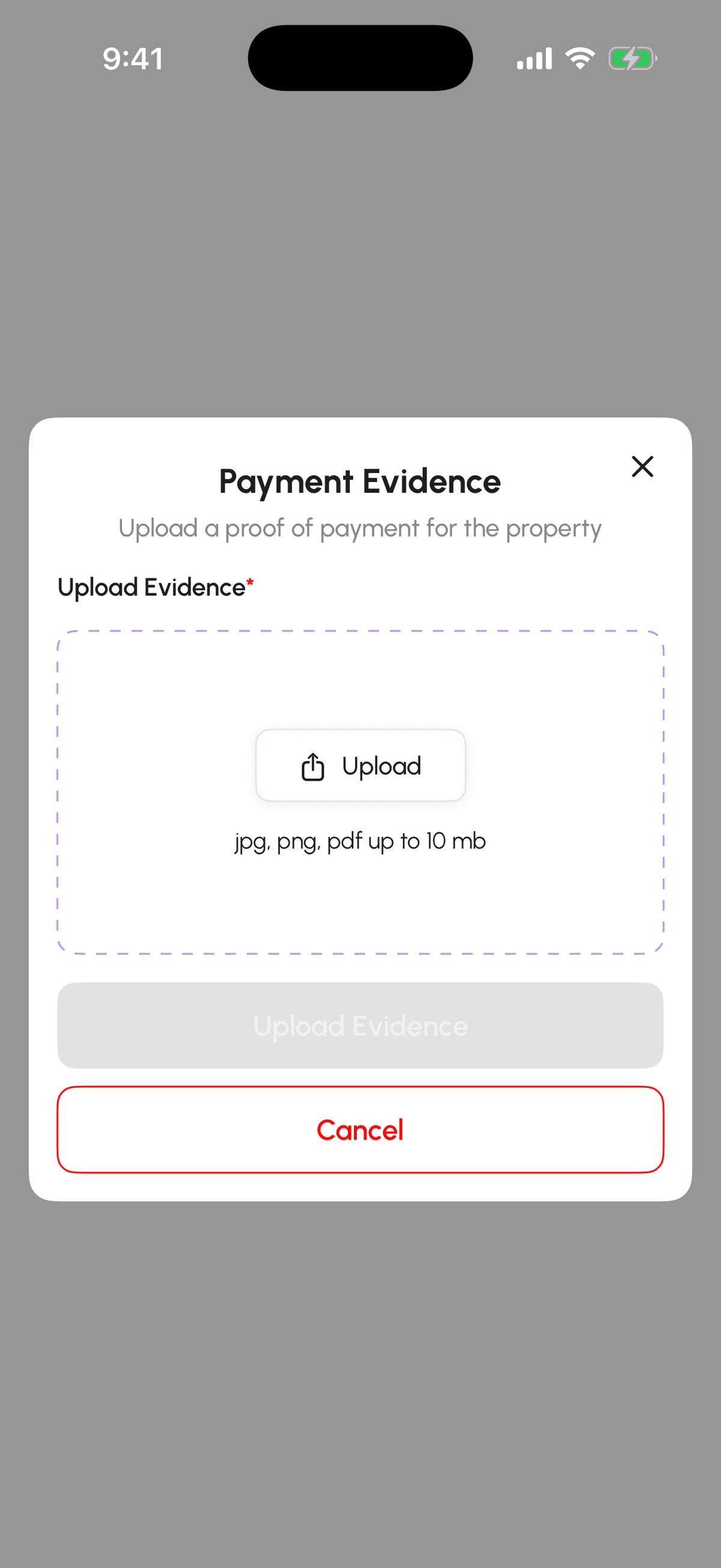 Upload payment evidence dialog